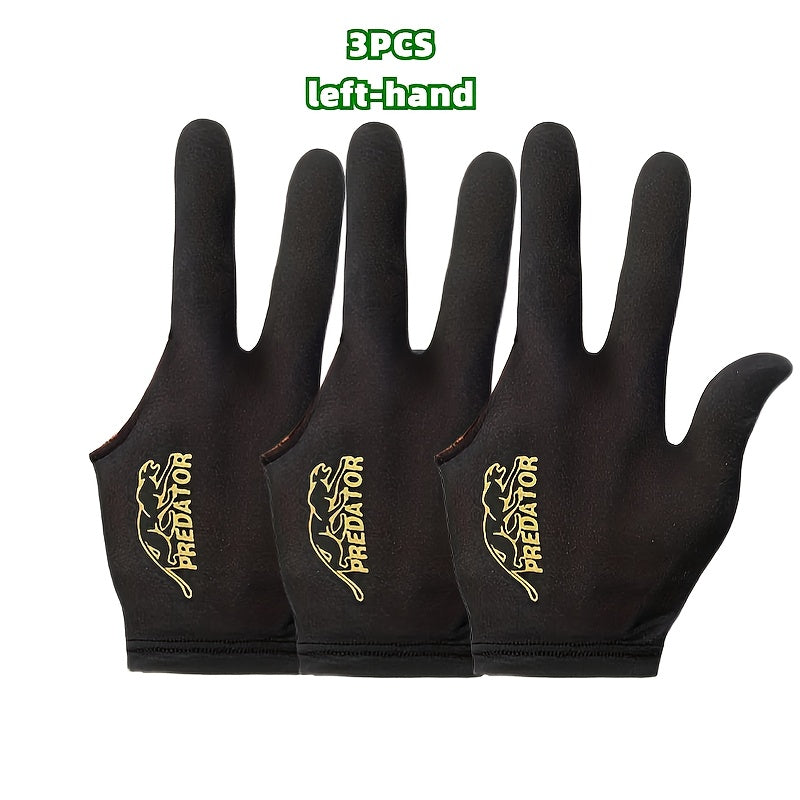 Set of 3/6 Black Three-Finger Billiard Gloves designed for the left hand, soft and comfortable with good breathability, suitable for snooker, eight-ball, and nine-ball.