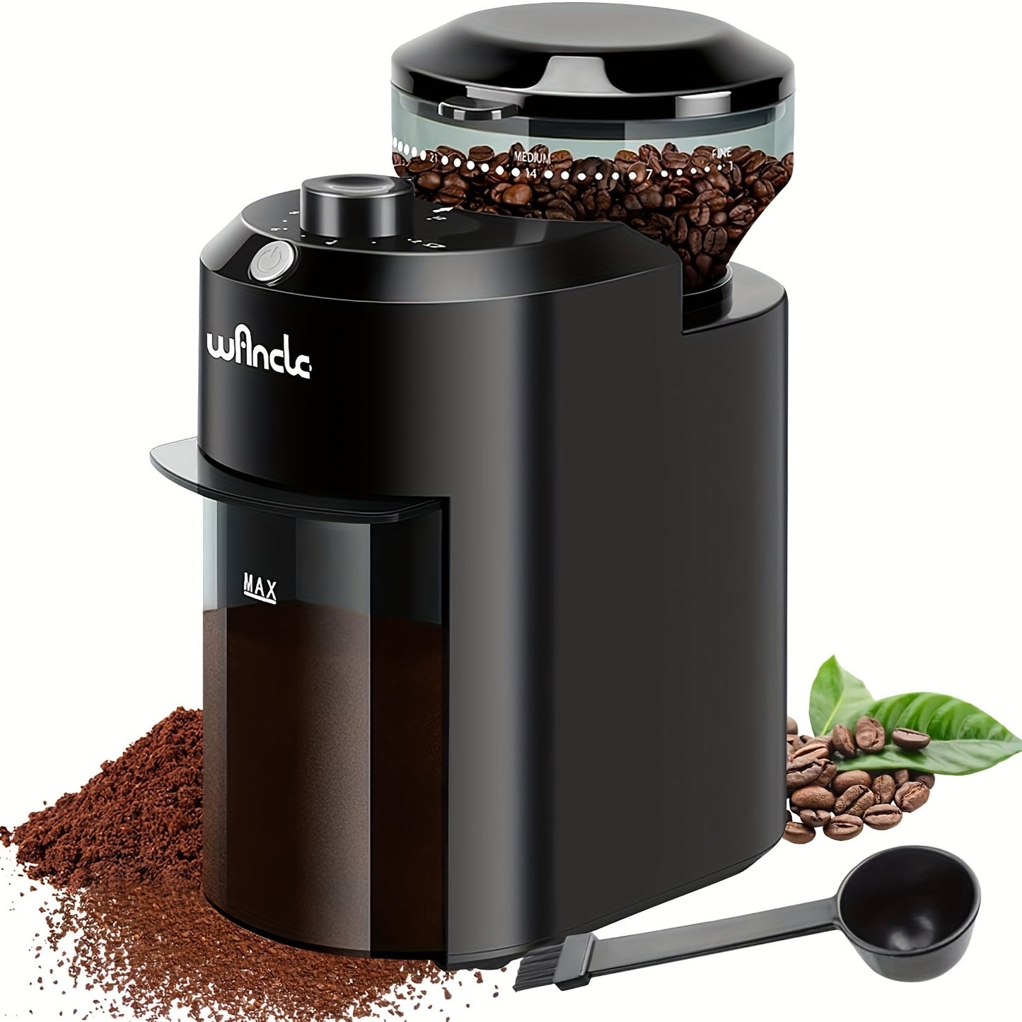 Professional coffee bean grinder with 28 adjustable precision grinding settings, perfect for making 12 cups of coffee.