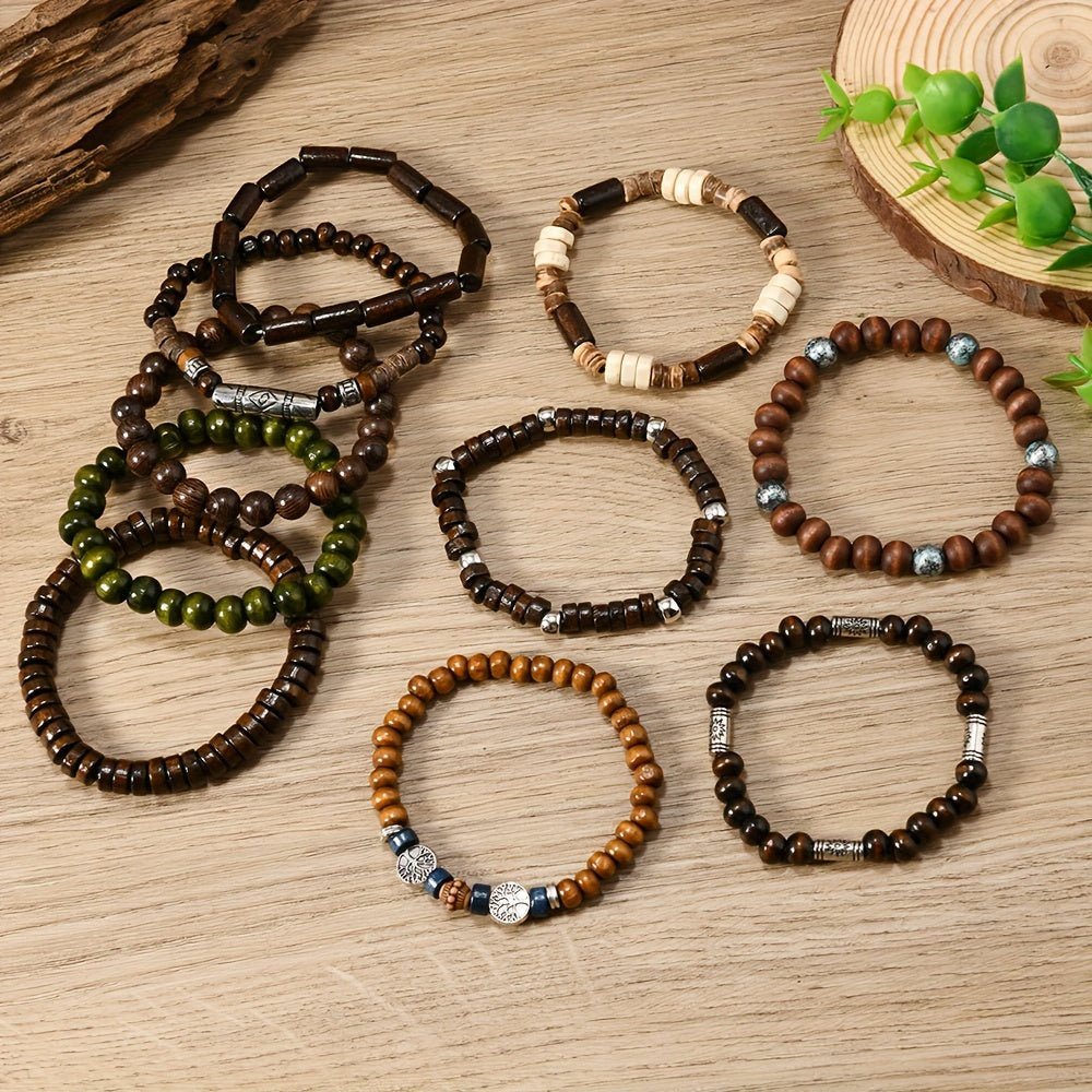 Set of 10 Bohemian Style Fashion Wooden Beaded Bracelets for Men and Women, Perfect Couple Bracelet Hand String Gift