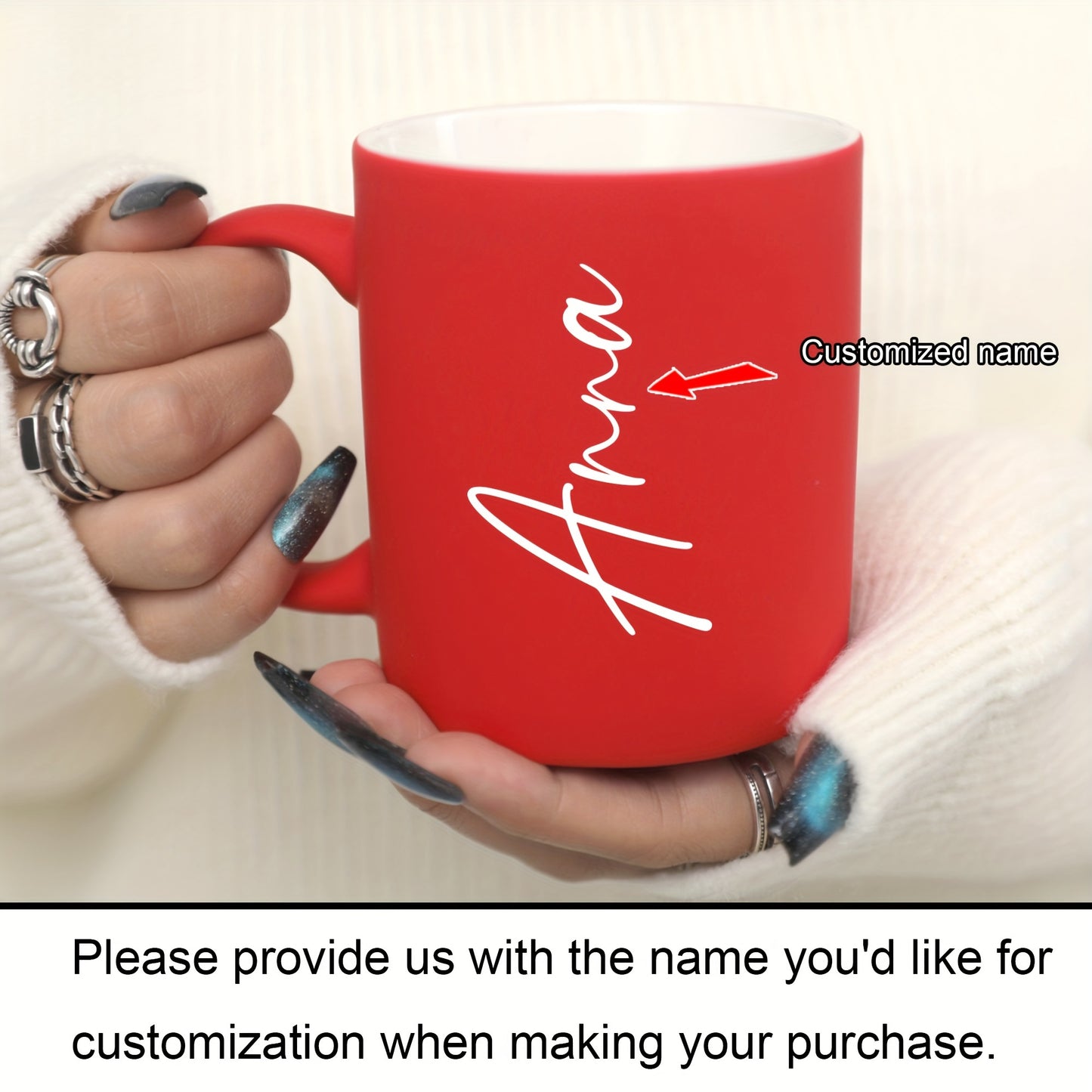 Custom 11oz ceramic coffee mug with personalized name, dishwasher and microwave safe. Perfect for drinks and gifting on birthdays or Valentine's Day for family, friends, and coworkers.