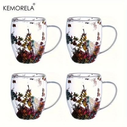 Set of 1/2/4/6, 11.8oz creative double-layer glass mug with real flower filling and handle, 350ml capacity. Made with high borosilicate glass.