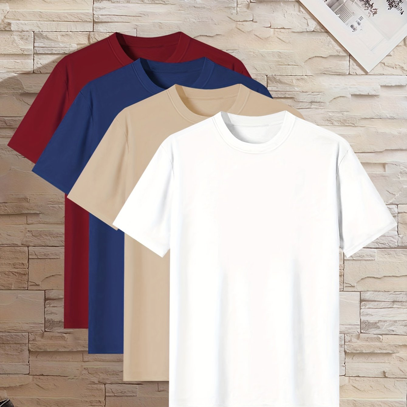 4 men's short sleeve t-shirts in solid colors - casual polyester loungewear, crew neck, machine washable, perfect for summer lounging.