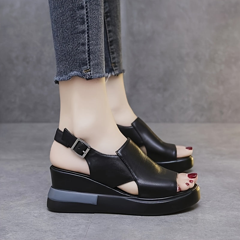 Women's platform wedge sandals with ankle buckle, open toe slip-on, man-made upper, TPU sole, hand washable for all-season comfort.