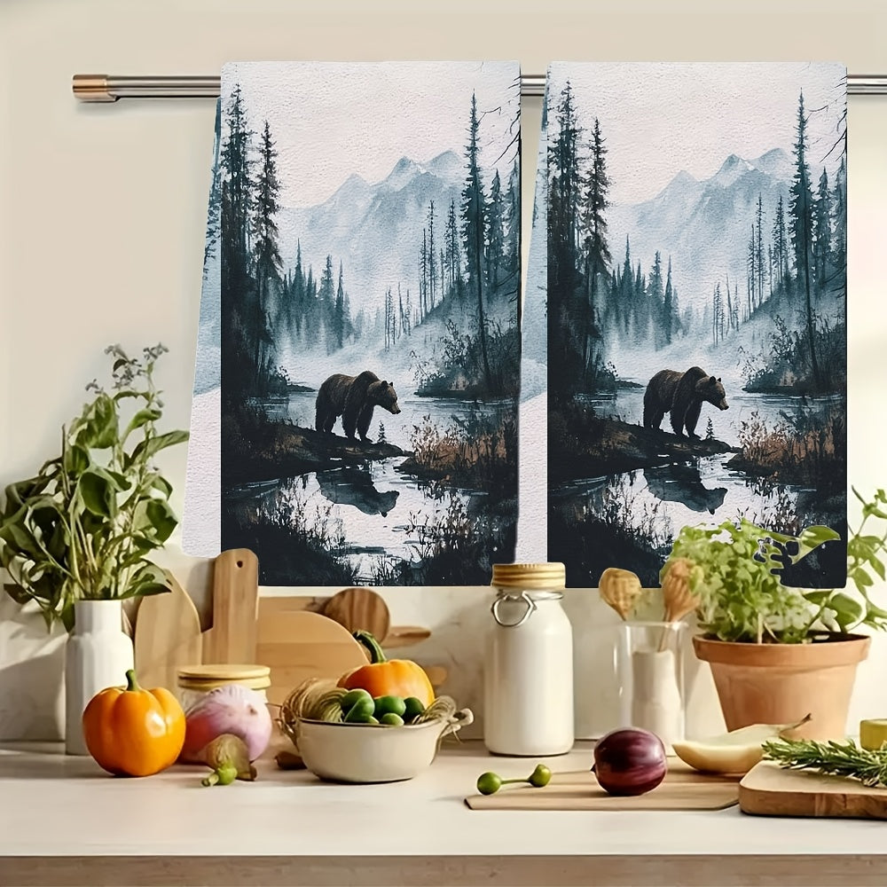 Set of 2 luxurious kitchen towels featuring a majestic grizzly bear in a wilderness scene. These ultra soft towels are highly absorbent, machine washable, and designed in a contemporary style. Each towel measures 40.64x60.96 cm.