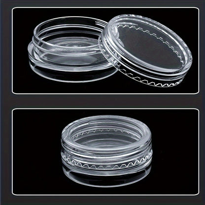 10 clear round plastic containers with secure lids are ideal for storing nail art, glitter, and cosmetic samples. They are lightweight and portable, perfect for bathroom and makeup organization. Ideal for nail care products.