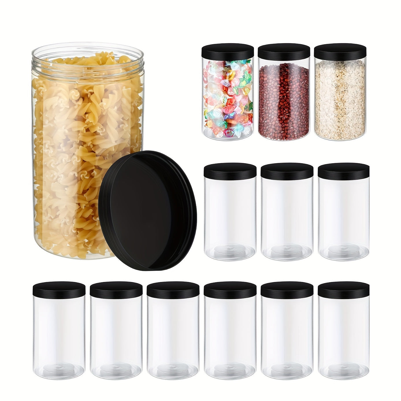 Set of 6 43oz Clear PET Food Storage Jars with Smooth Black Lids - BPA Free, Wide Mouth for Easy Pouring & Cleaning - Ideal for Organizing Your Kitchen Pantry