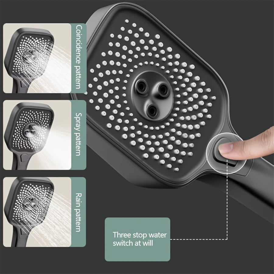 High-pressure shower head set measuring 12 inches with a 4-function handheld shower, crafted from metal and plastic. Does not require electricity or batteries, and includes a temperature display.