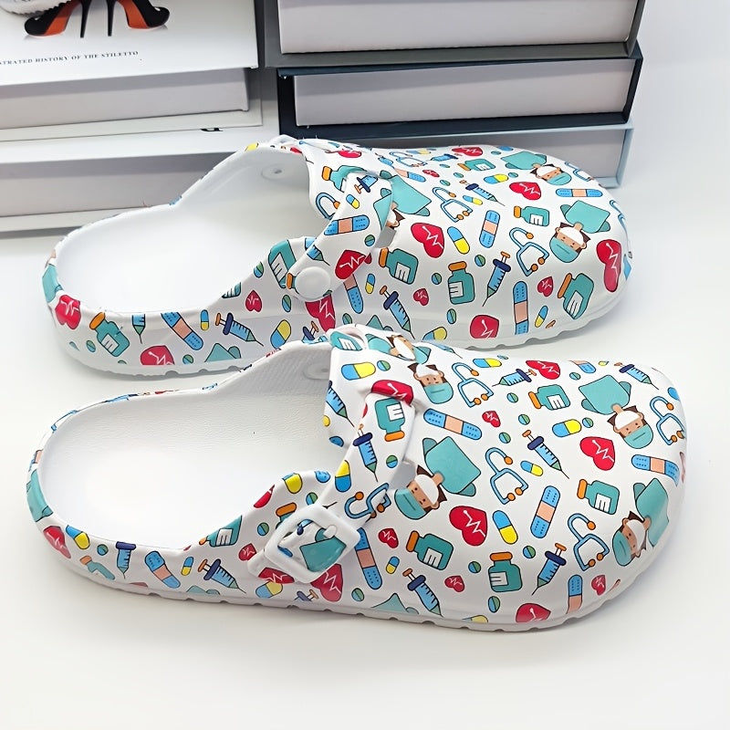 Cartoon nurse print slippers: quick-dry, comfortable indoor shoes for women.