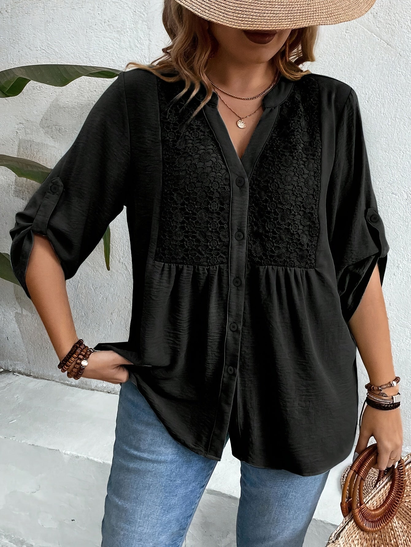 White V-Neck Lace Blouse for Plus Size Women - Lightweight Polyester, Machine Washable, Ideal for Spring/Summer/Fall