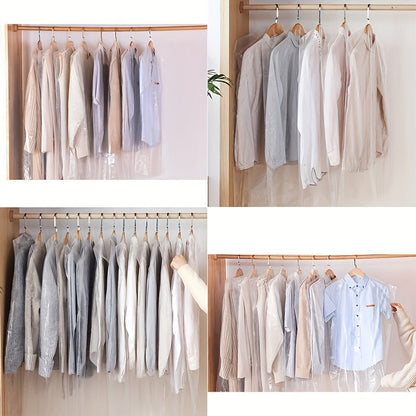 50 clear plastic garment bags for hanging storage, ideal for keeping your clothing dust-free and organized in the bedroom or home. Perfect for essential storage needs.