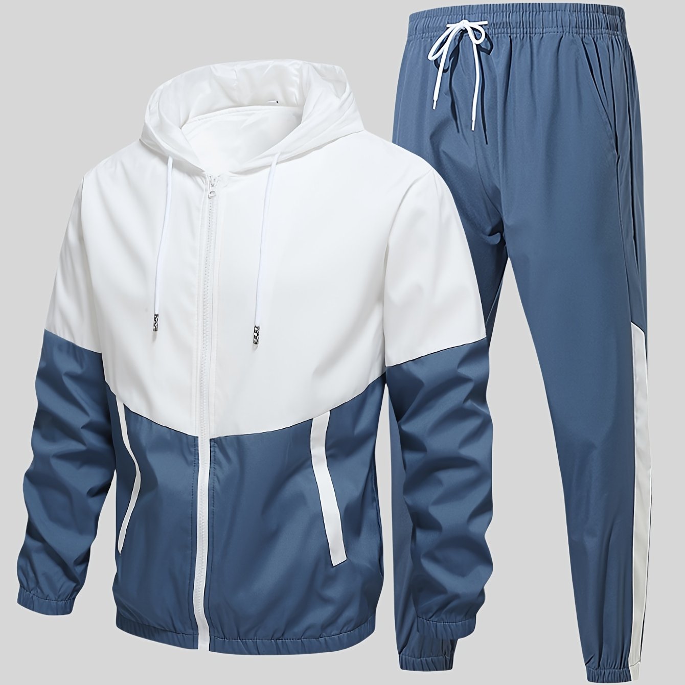 Men's 2-piece casual sports set with hooded jacket and pants in a stylish color block design for a trendy athletic look during spring or autumn.