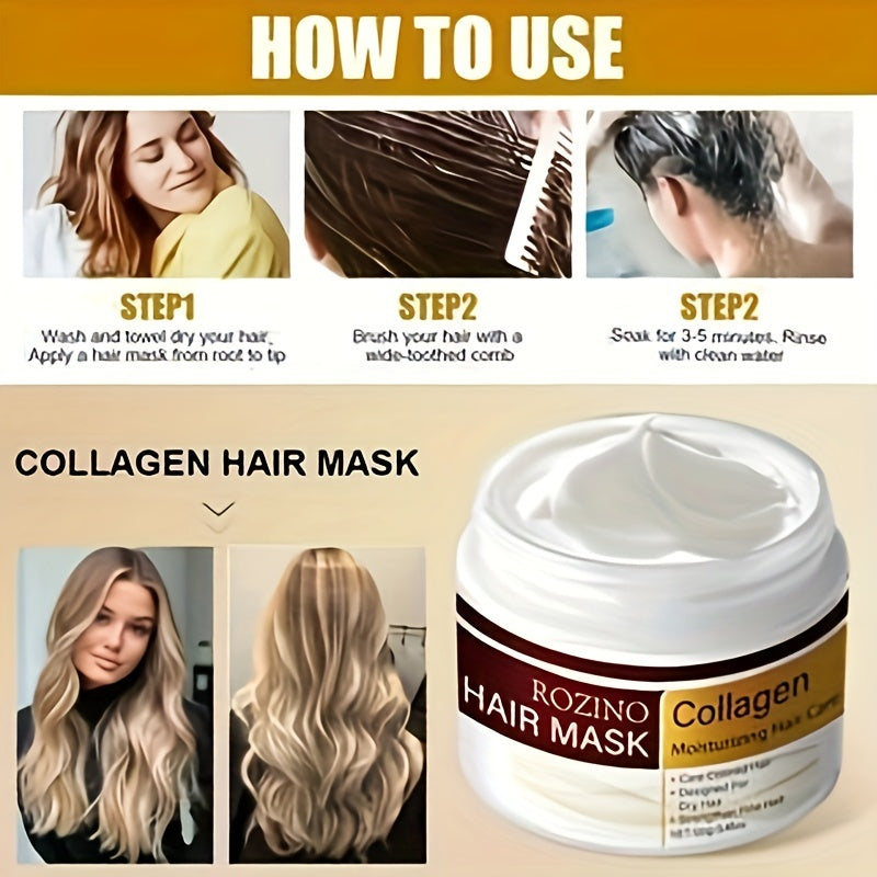 ROZINO Collagen Hair Mask: 100g moisturizing treatment for dry, frizzy hair. Long-lasting fragrance, hydration boost with glycerin. Adult formula, sleek packaging, enriched with collagen.