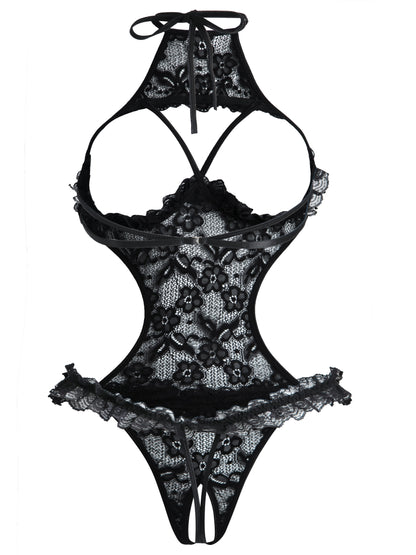 Stylish lace bodysuit for women with asymmetrical design and knit fabric detailing. Perfect for intimate wear.