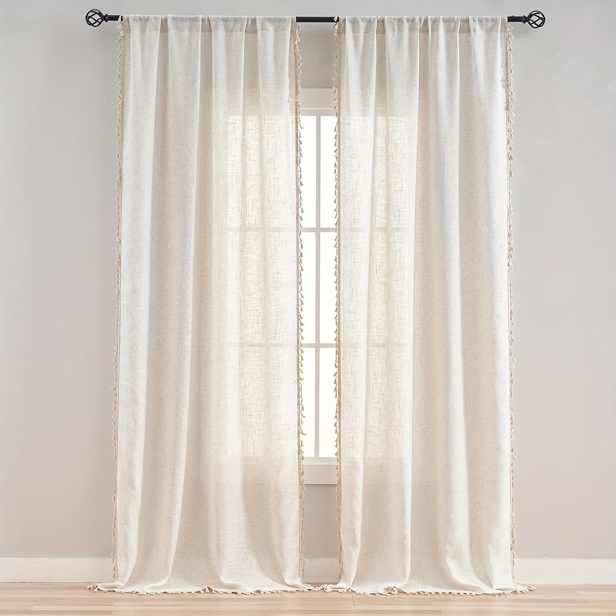 Single Bohemian Lace Curtain with Rod Design, Crafted from Solid Color Linen for Both Light and Privacy, Comes in Natural Wood Color, Sold Individually.