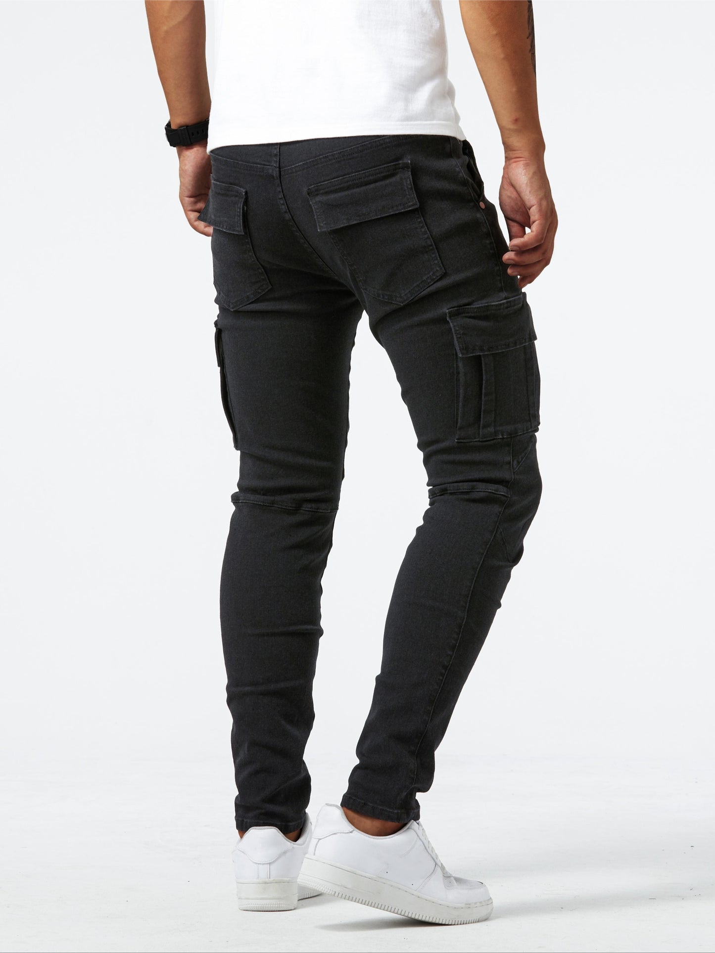 Men's high-stretch denim pants with multiple pockets, suitable for all seasons outdoor activities.