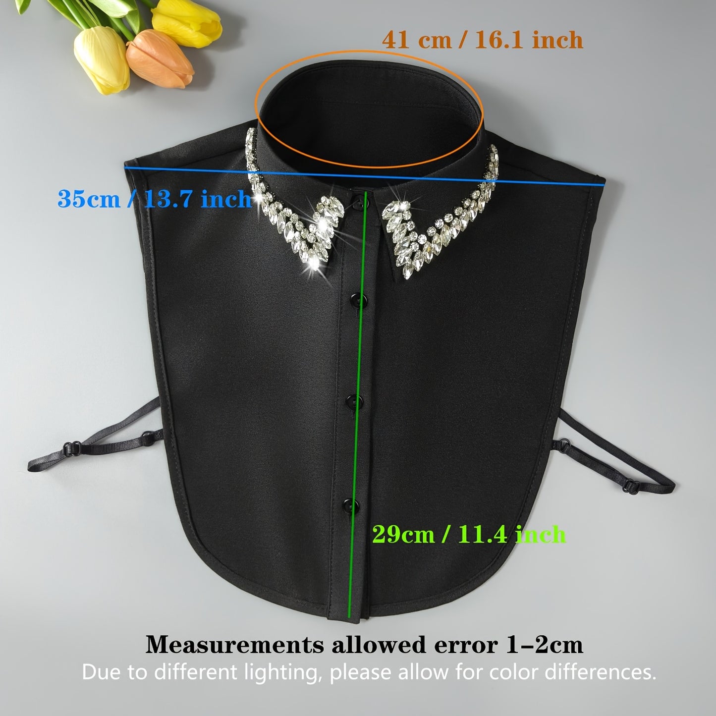 Luxurious sparkling rhinestone false collar for women made of 100% polyester. Elegant detachable half-shirt design that is machine washable. Versatile accessory for all seasons.