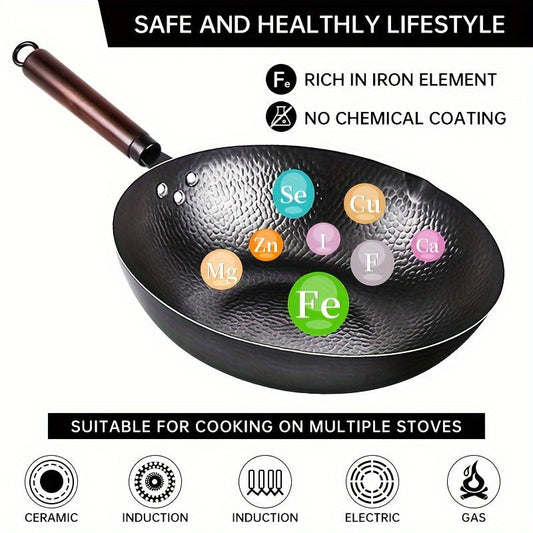 Set of 12 Chinese Hammered Iron Woks with a 32cm Wooden Lid, Kitchen Cookware made of Cast Iron, Safe Utensils for Cooking at Home