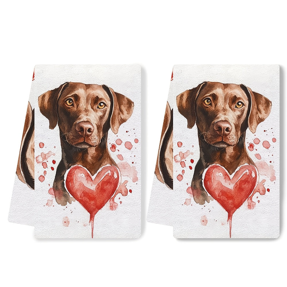 This set includes two ultra-soft kitchen towels with charming dog art perfect for Valentine's Day. They are highly absorbent and great for holiday decoration. These machine washable towels measure 40.64X60.96 cm.