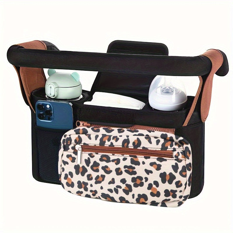 Black/Grey Universal Stroller Organizer for Moms, Features Insulated Cup Holder, Phone Pouch & Shoulder Strap. Fits Most Strollers and Pet Strollers. Durable Polyamide Material, Storage Hanging Bag Mommy Pack.