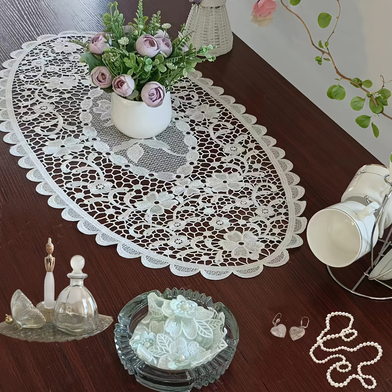 Polyester placemats with white lace embroidery, Nordic-style table decoration mat for coffee table, household bowl or plate decor, enhancing home decoration.