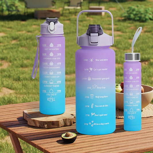 300ml/750ml/2L Gradient Color Frosted Water Bottles with straw, leak-proof design. Ideal for outdoor activities.