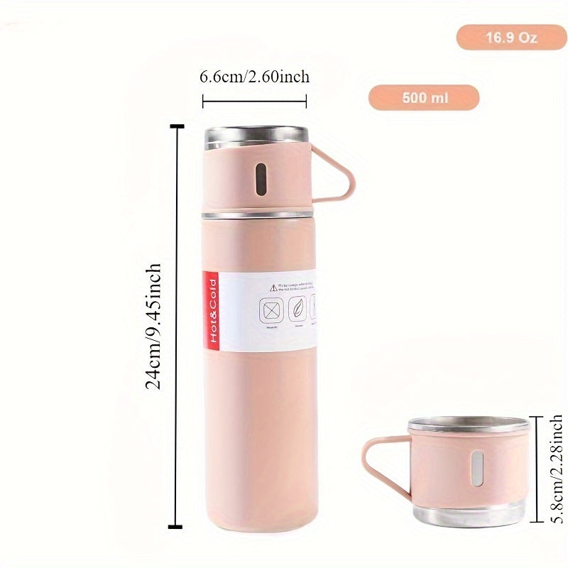 Fashion thermal flask coffee mug thermos that holds 500ml/16.9oz, made of stainless steel with vacuum insulation. Includes mug for hot and cold drinks, suitable for use as a water bottle in