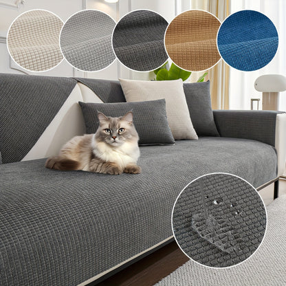 Chenille sofa cover, spill-resistant, pet-friendly, non-slip, machine washable protector for various sofa sizes, home & office decor.