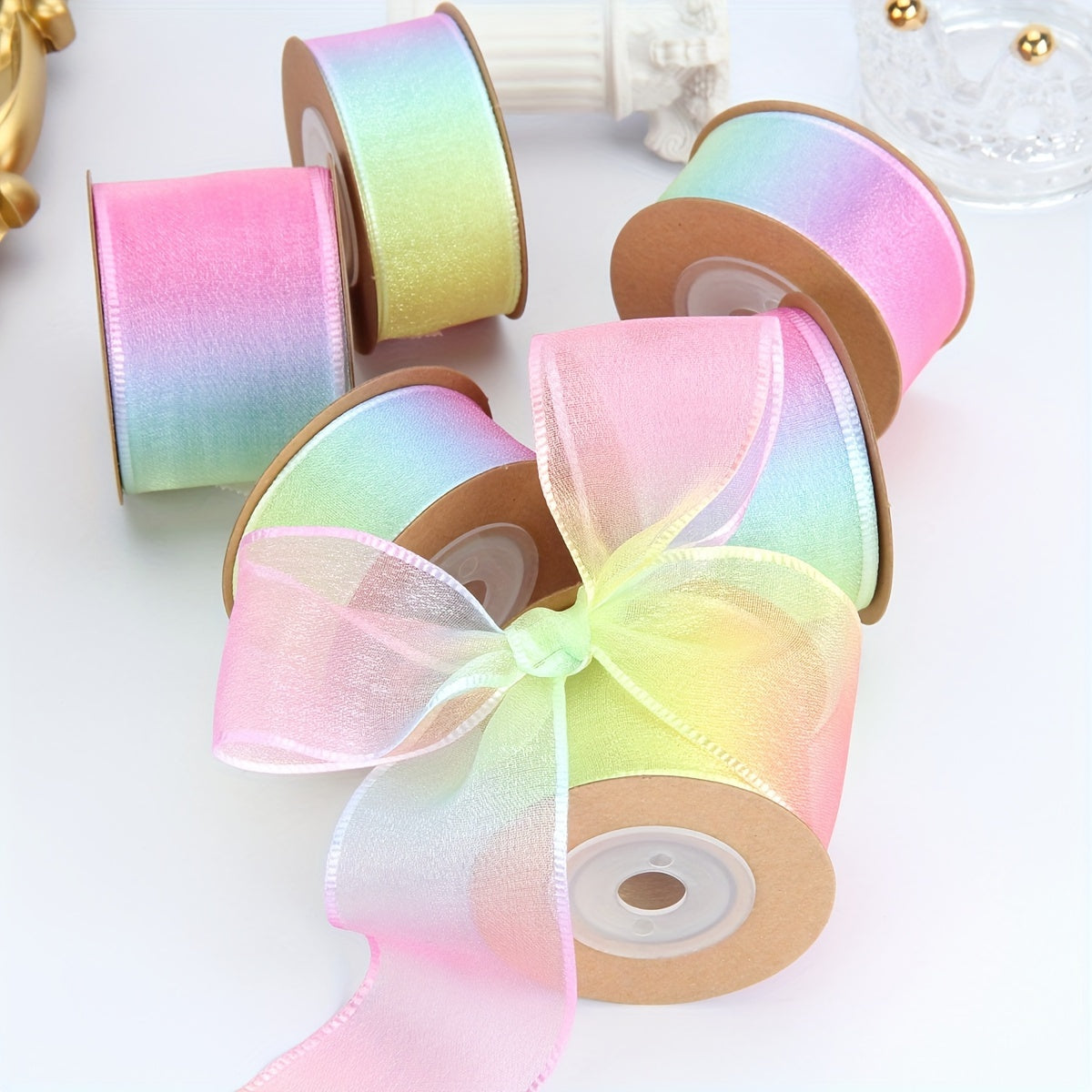 1 roll of rainbow gradient transparent organza ribbon for DIY cake packaging, gift wrapping, and party decoration