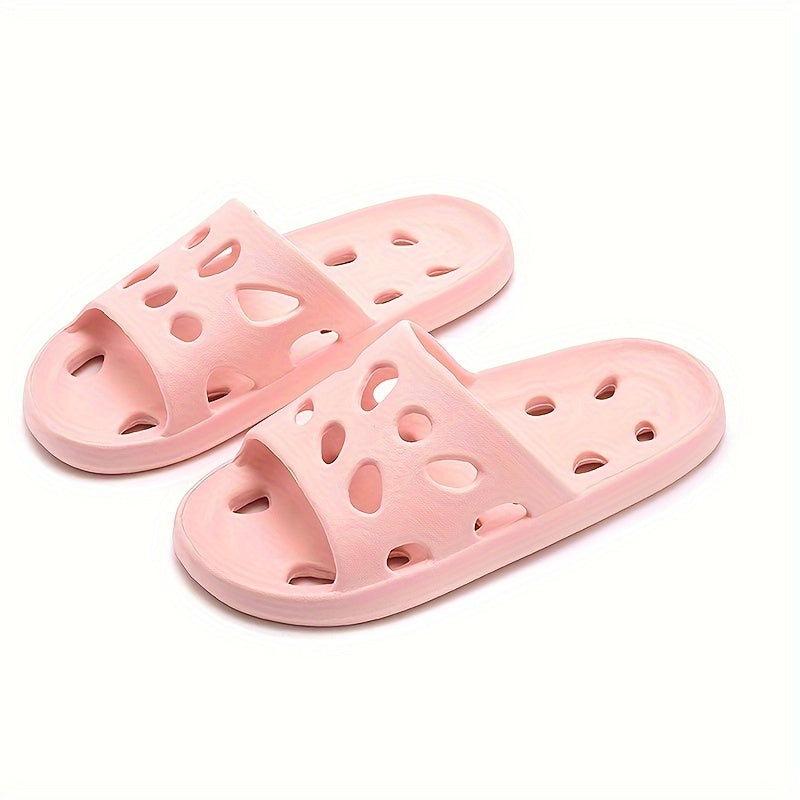 1 Pair of EVA Slippers with Solid Color Hollow-Out Design, Non-Slip Sole, Drainage Holes, and Soft Shower Slides.