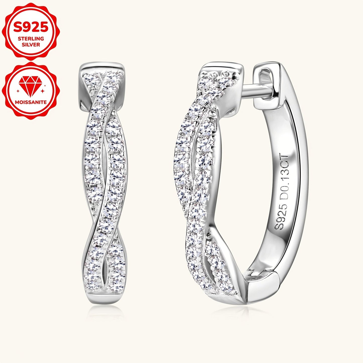 Featuring a silvery Gram Weight of 3.29g, embellished with 52 pieces of 1mm Moissanite stones totaling 0.13ct each, this elegant pair of earrings is crafted from 925 Sterling Silver. With a unique twist design, these Women's Fashion Hoop Earrings are