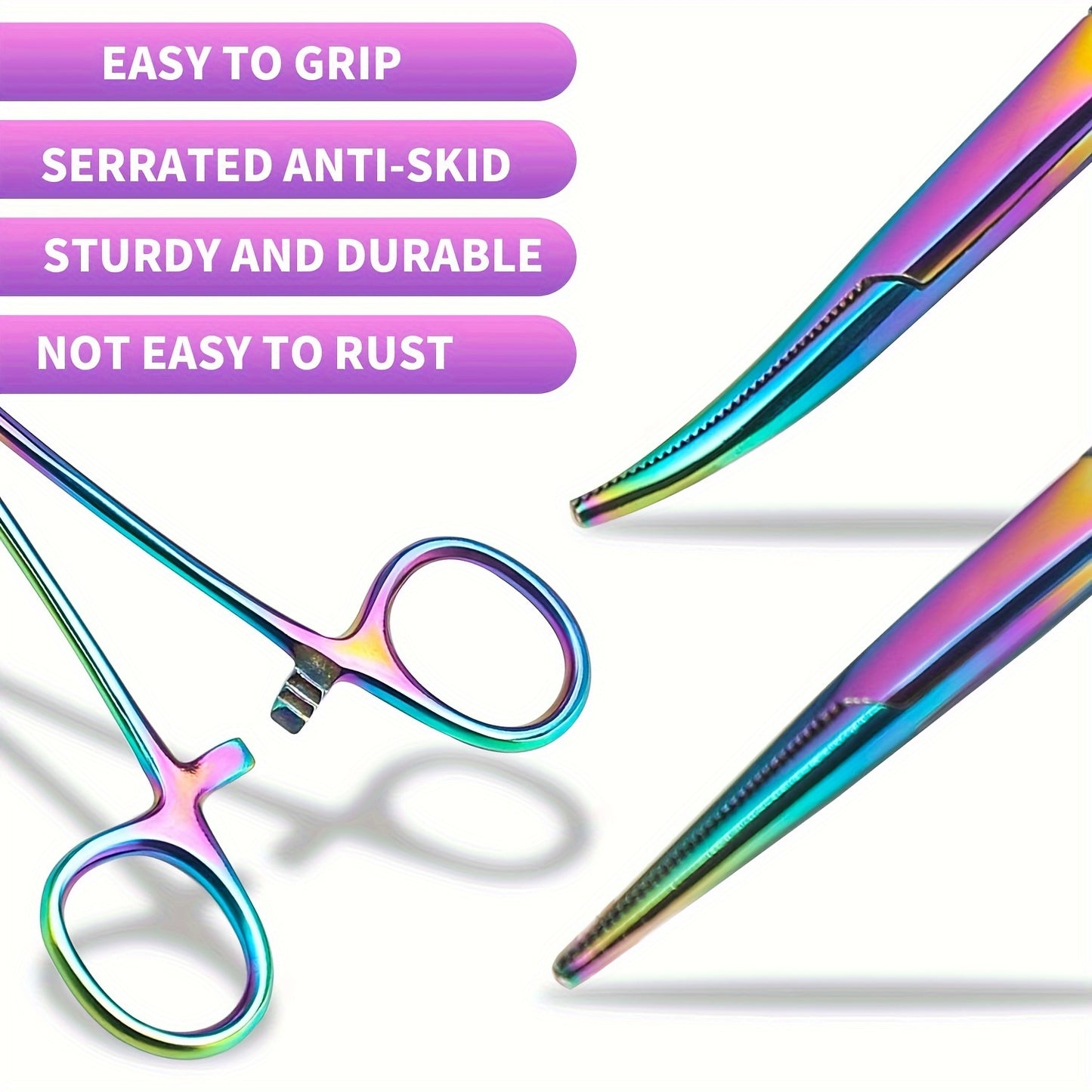 Set of 2 rainbow-colored hemostat forceps made of stainless steel, with straight and curved pliers for medical, veterinary, and hobby use. Ergonomic design for rust-resistance and