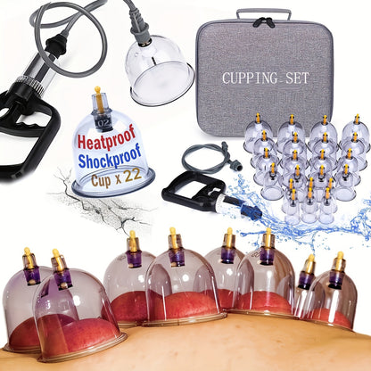 Massage Cupping Set with multiple vacuum cups, hand pump, and detailed manual for massage therapists and Chinese acupuncture. Portable with vacuum suction.