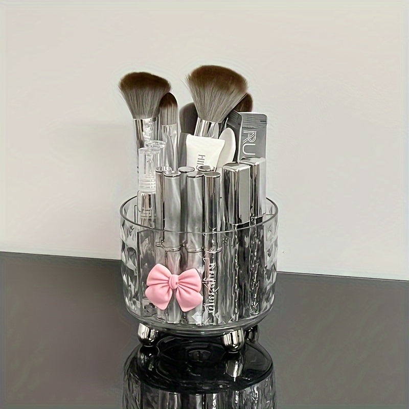 Clear plastic makeup organizer with dustproof lid for lipstick, brushes, and accessories.