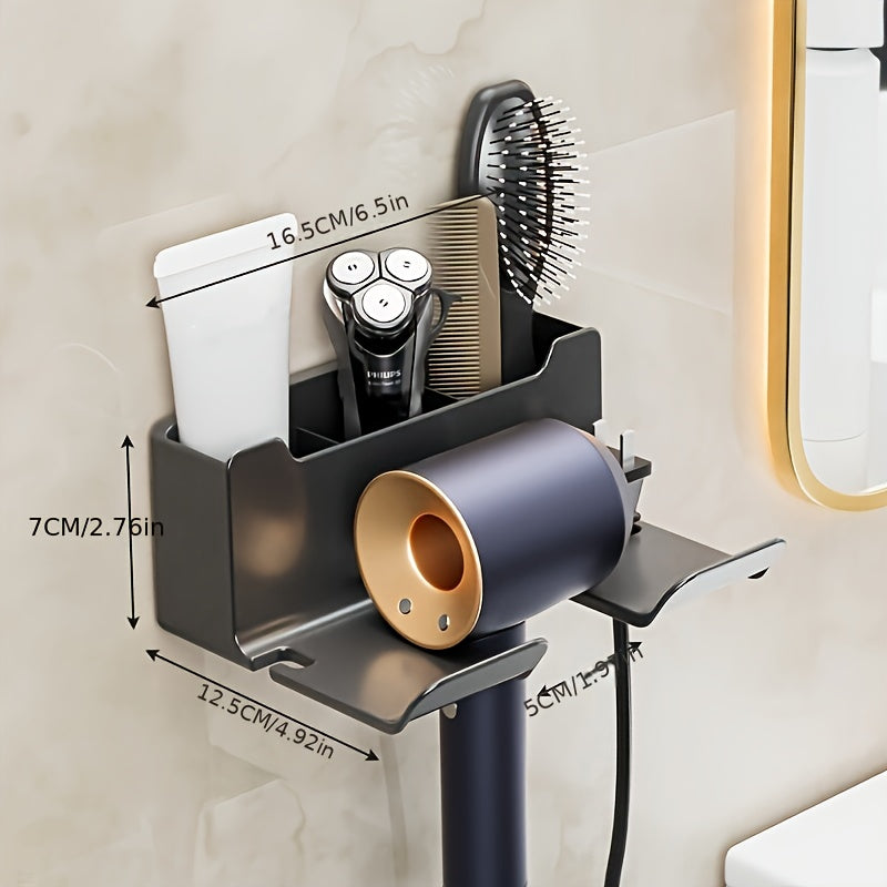 Wall-mounted hair dryer holder with dimensions 16.5x7x12.5cm, hands-free stand for small to large dryers, space-saving bathroom organizer.