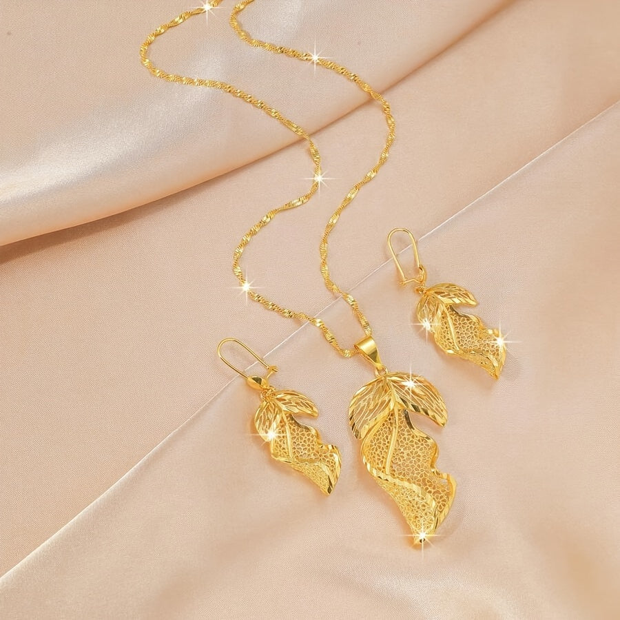 Bridal Wedding Jewelry Set with Hollow Leaf Earrings and Necklace, Set of 2 Pieces