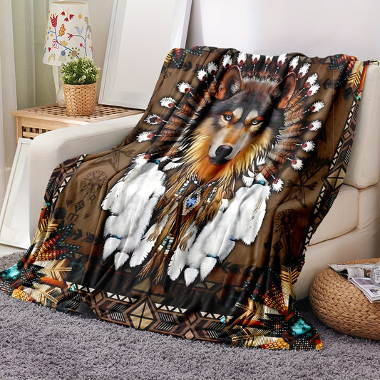 Modern Wolf Head Print Flannel Throw Blanket, featuring a Geometric Pattern, made from All-Season Knitted Polyester, perfect for Home, Office, or Camping - Offered in Various Sizes