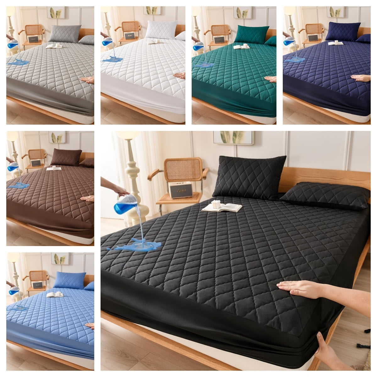 Waterproof mattress protector cover - quilted, machine washable, water-resistant. 80-85gsm polyester & polyurethane blend. Suitable for bedroom, dorm, hotel. Pillowcase not included.