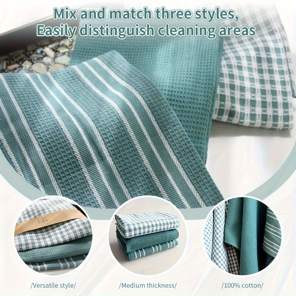 3 large kitchen towels in green, plaid, and striped waffle weave patterns. Soft and absorbent, ideal for drying, cleaning, and washing. Each towel measures 45.01x65.0 cm.