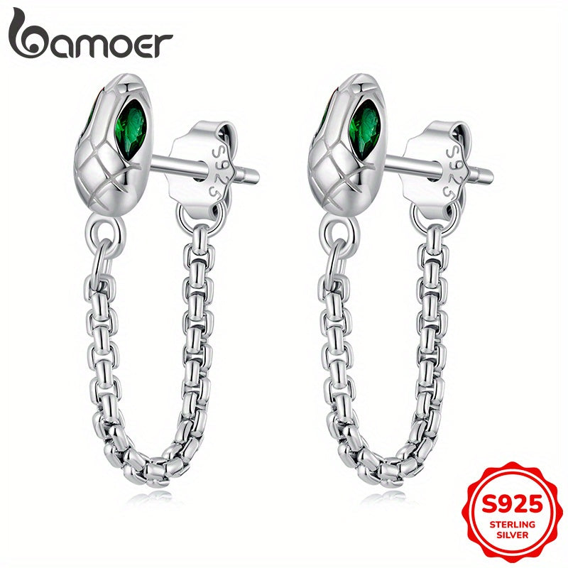 Vintage punk style 1 pair of GAMOER chic snake tassel hoop earrings for women featuring green gemstone eyes. Made of hypoallergenic 925 sterling silver, perfect for music festivals and parties.