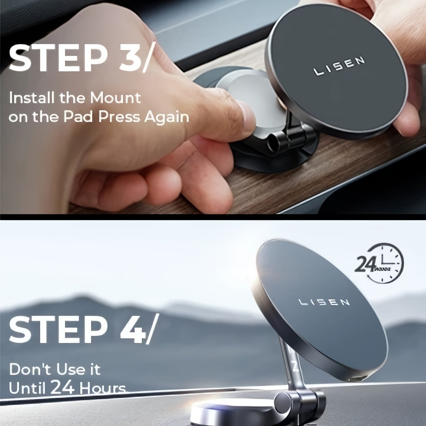 LISEN Magnetic Car Mount Charger with 15W fast charging for iPhone 15 Pro Max and other models, ultra mini metal design, 2024 magnetic wireless dashboard charger. No adapter required.