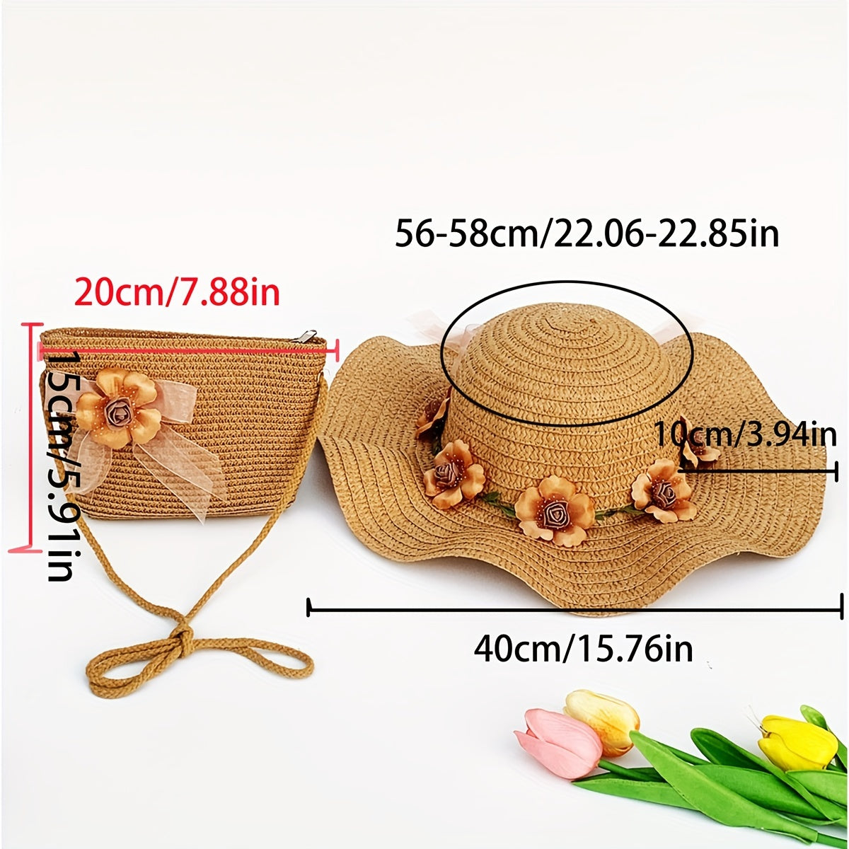 Women's 2-Piece Straw Hat and Pouch Set with Floral Accents, Adjustable Paper and PP Woven, Ideal for Outdoor and Vacation Use, Fashionable Country Style Elastic Hat with Matching Handbag -