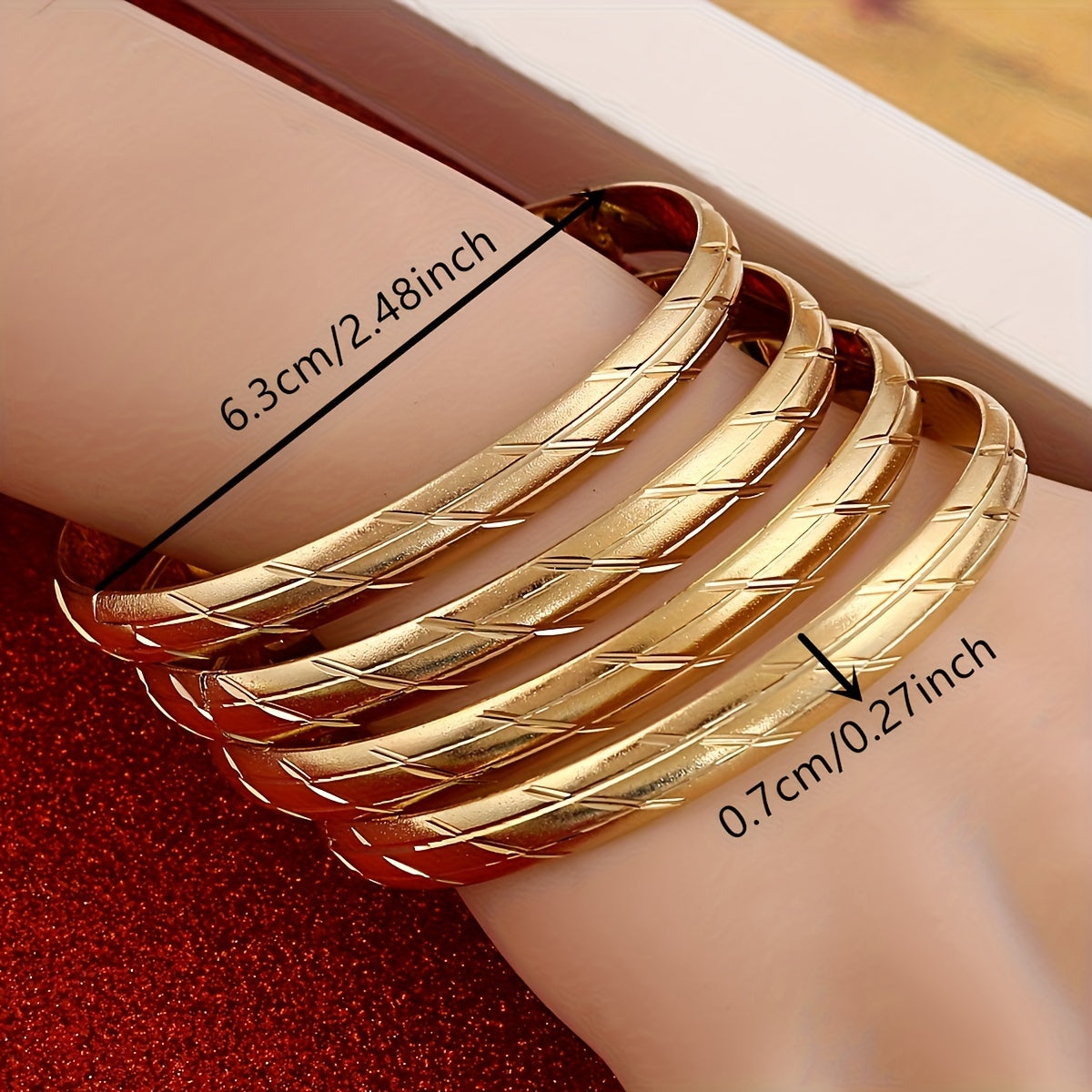 Set of 4 Bohemian African Style Women's Fashion Bangle Set, Copper Plated with Golden Finish. Great for Engagements, Weddings, Parties, and as a Gift. Suitable for All Seasons and Particularly Perfect for Lunar New Year Celebrations.