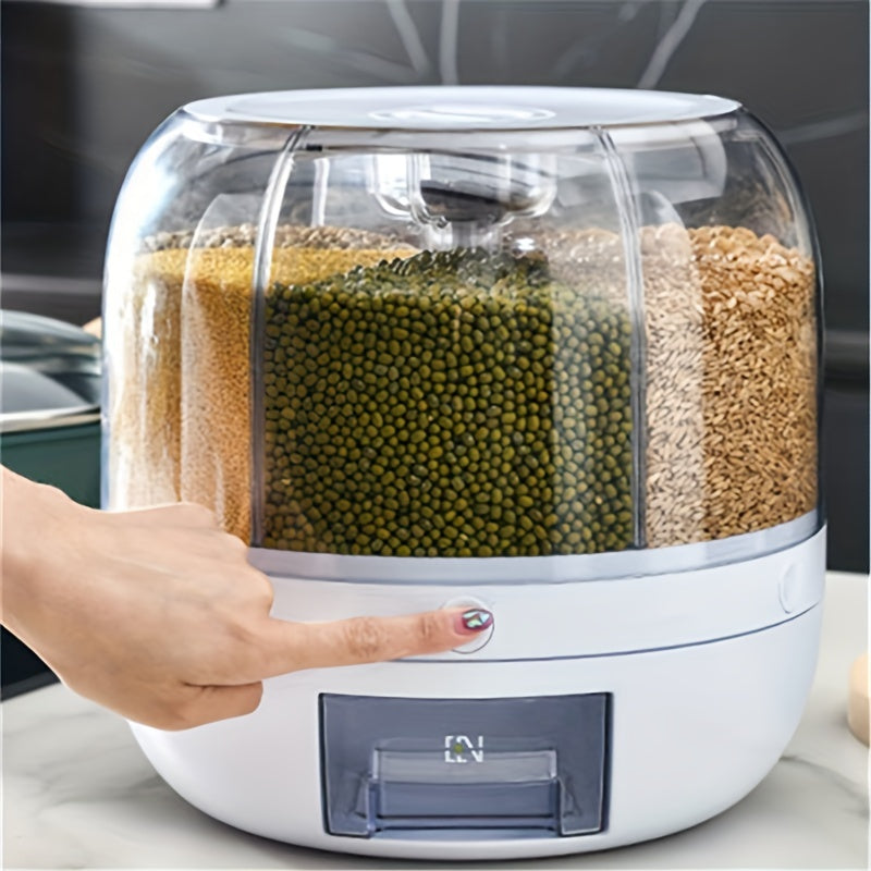 360-degree Rotating Grain Storage Box with 6 Compartments, Measuring Cup, and Automatic Rice Dispenser Button. Ideal for storing rice, cereals, grains, flours, pet food, and maintaining freshness. Perfect for organizing your kitchen supplies.