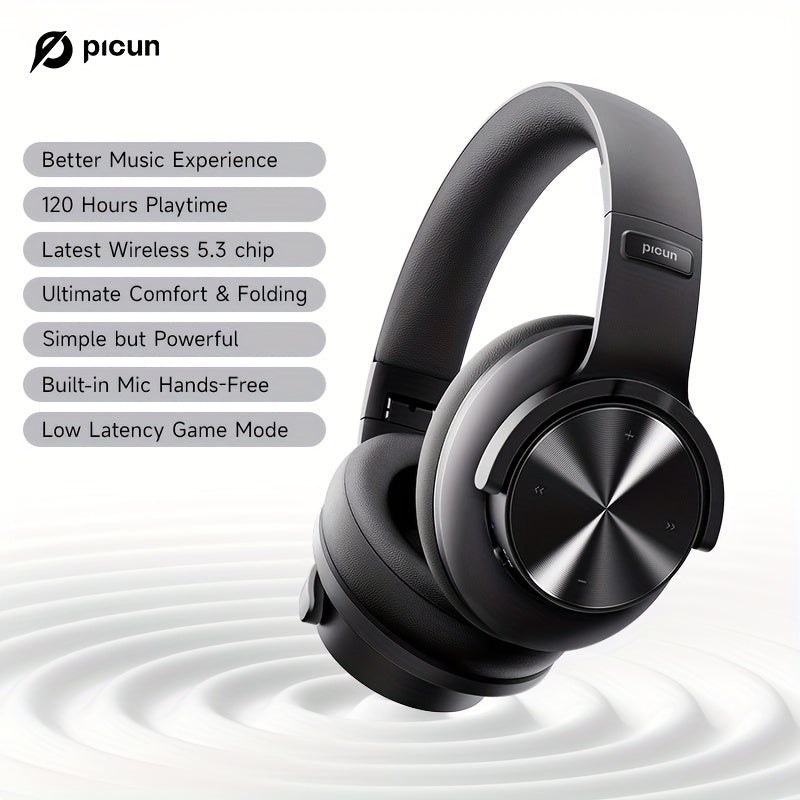 Picun B8 Wireless Over-Ear Headphones with 120 hours playtime, wireless 5.0, 3EQ & Game Mode, hands-free calls, foldable design, and Type-C charging. Suitable for travel, home, office, PC