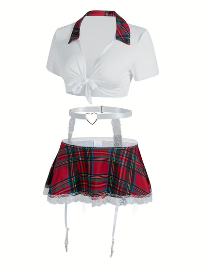 Sexy preppy cosplay costume set includes crop top, skirt, thong, garter belt, and stockings