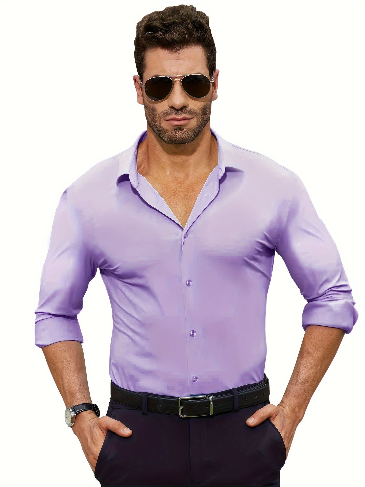 Men's Solid Color Long Sleeve Lapel Shirt, Perfect Casual Gift