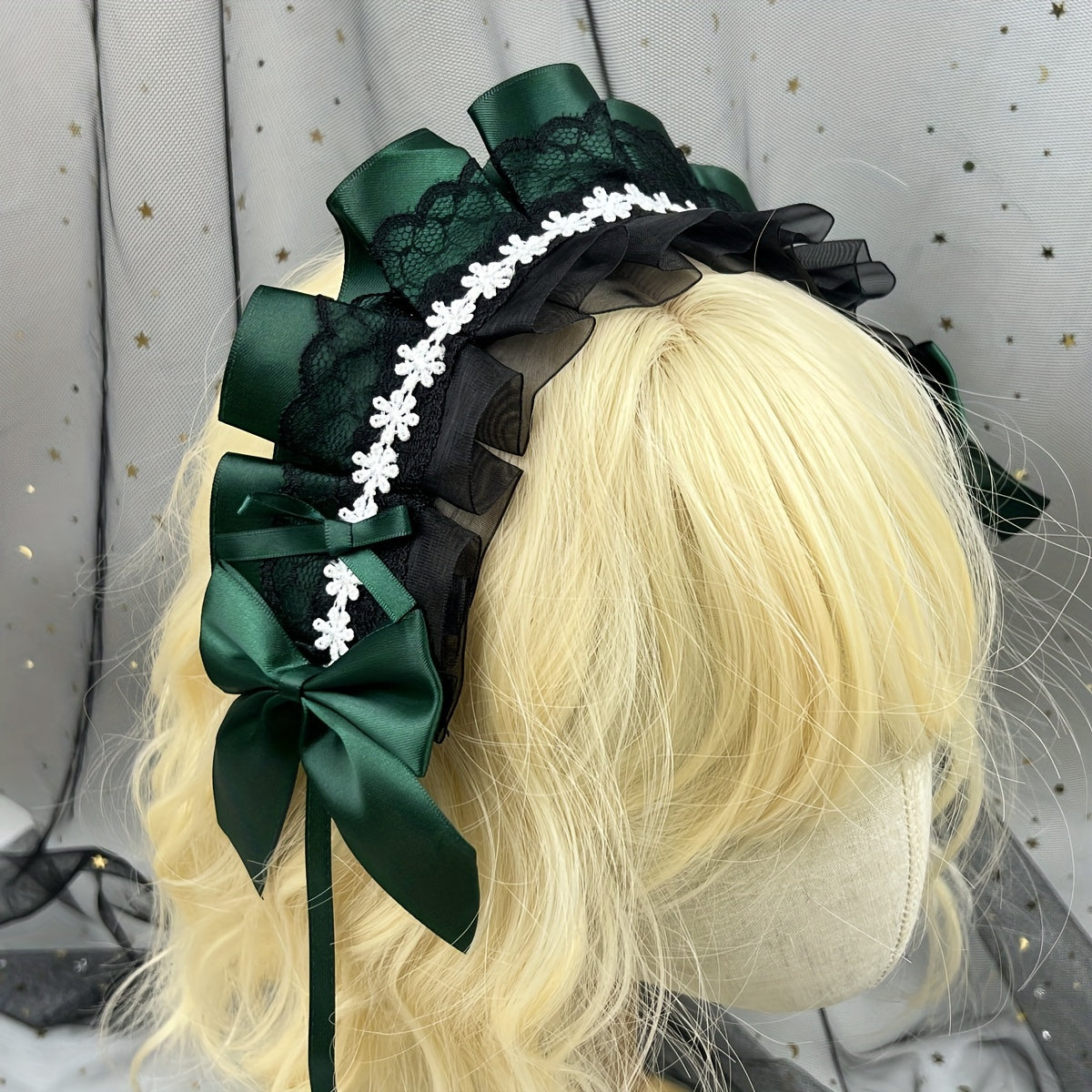 Ruffled Lace Ribbon Bow Headband with Hairpins in Contrasting Colors - Anime Maid Inspired Hair Accessory