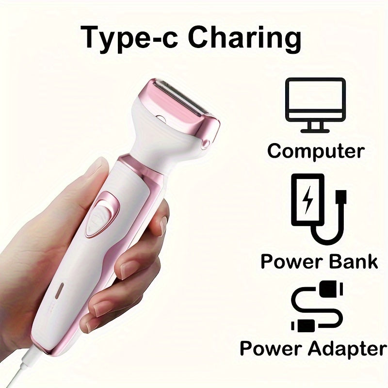 Women's electric razor kit with 4 functions: face, nose, legs, and bikini area shaving. USB rechargeable, painless design, suitable for wet/dry use. Portable with 500mAh lithium battery.