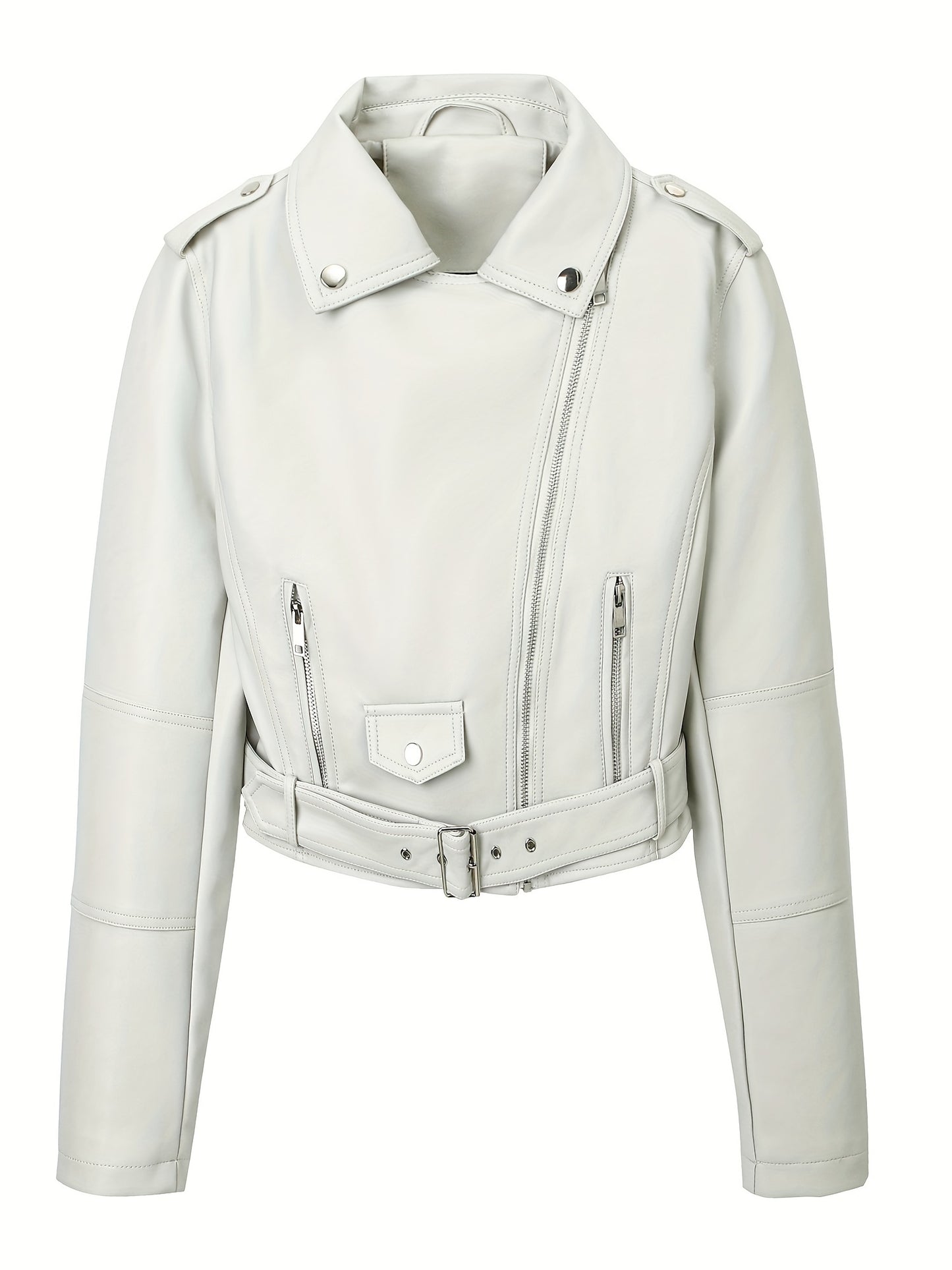 Faux leather zip-up biker jacket with belt waist, lapel crop design for spring & fall in women's clothing.