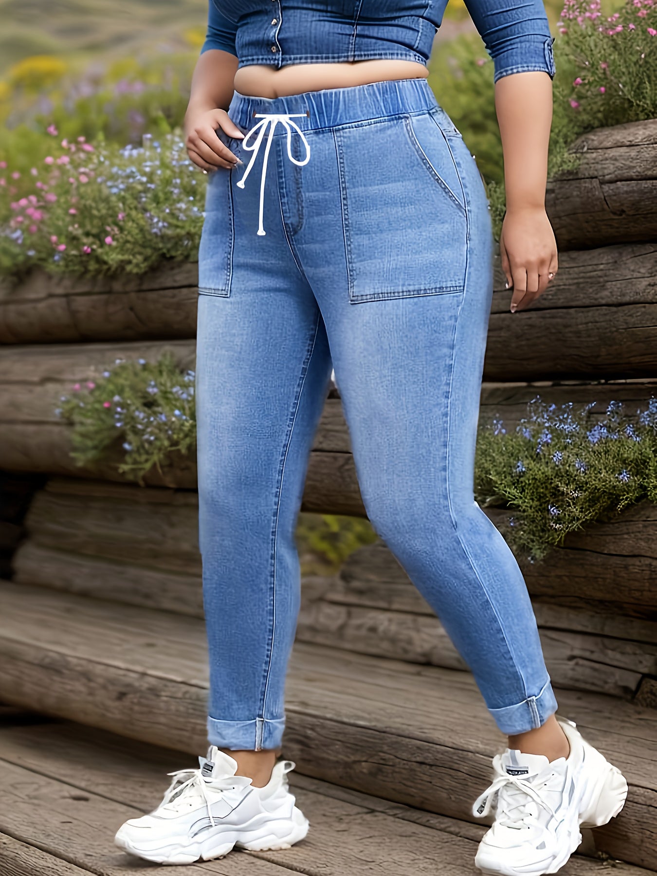 Women's plus size washed elastic drawstring high rise jeans